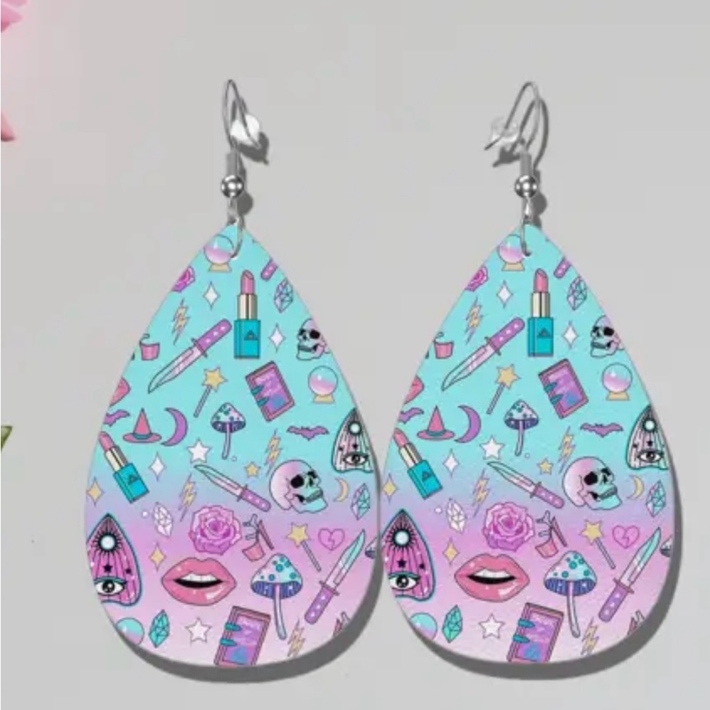 Halloween purple and blue spooky witch dangle earrings pu leather